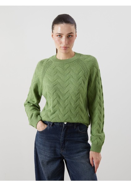 Yeni Sezon Bisiklet Yaka Kendinden Desenli Kadın Triko Kazak