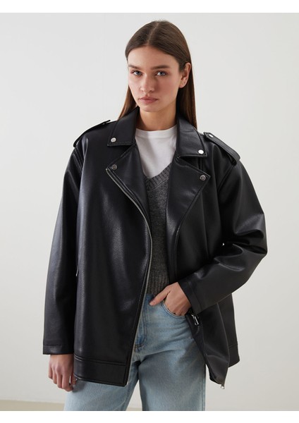 Yeni Sezon Gömlek Yaka Oversize Kadın Deri Görünümlü Ceket
