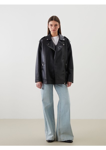 Yeni Sezon Gömlek Yaka Oversize Kadın Deri Görünümlü Ceket fiyatları