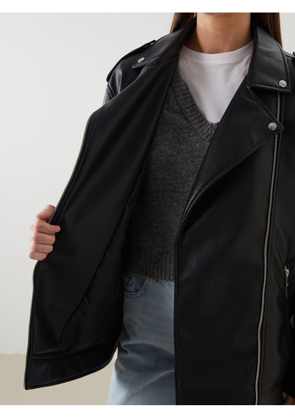 Yeni Sezon Gömlek Yaka Oversize Kadın Deri Görünümlü Ceket modelleri