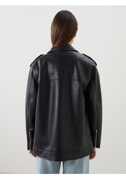 Yeni Sezon Gömlek Yaka Oversize Kadın Deri Görünümlü Ceket fırsatları