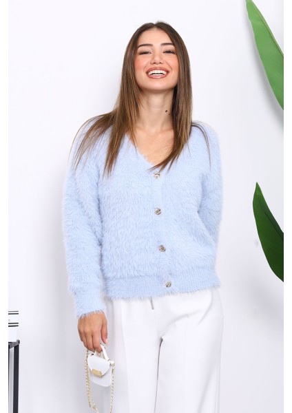 Bebe Mavi Dümeli Kısa Angora Yumoş Triko Hırka