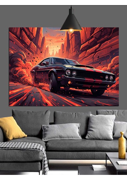Siyah Klasik Spor Araba Gece Sürüşü Dekoratif Kanvas - Mdf Ahşap Tablo