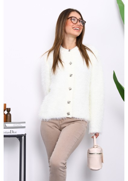 Krem Düğmeli Simli Angora Yumoş Triko Hırka