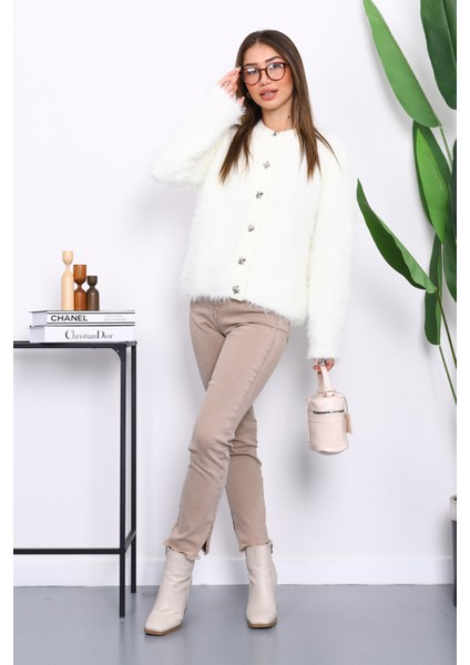 Krem Düğmeli Simli Angora Yumoş Triko Hırka fiyatları