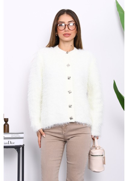 Krem Düğmeli Simli Angora Yumoş Triko Hırka modelleri