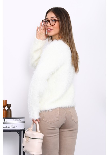 Krem Düğmeli Simli Angora Yumoş Triko Hırka fırsatları