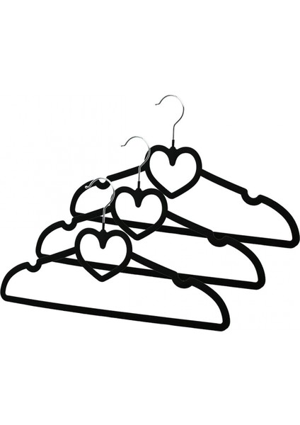 3pcs Siyah Kadife Kaplı - Kalpli Plastik Askı Metal Uçlu (4887)