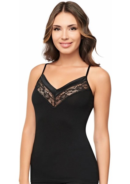 Kadın 2'li Siyah Modal Ip Askılı Dantel Detaylı Atlet