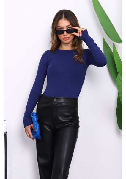 Lacivert Bisiklet Yaka Modal Bluz