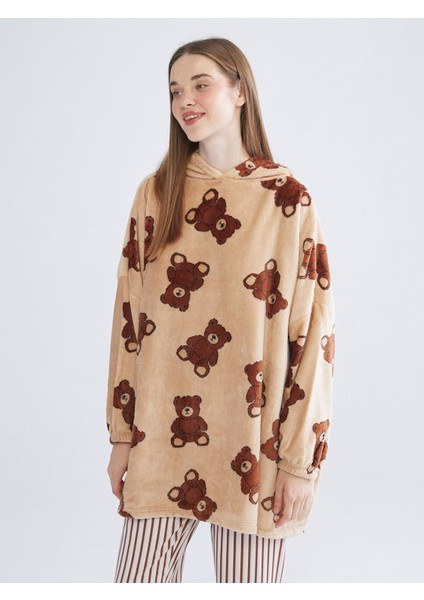 Yeni Sezon Kapüşonlu Oversize Pelüş Kadın Pijama Üstü