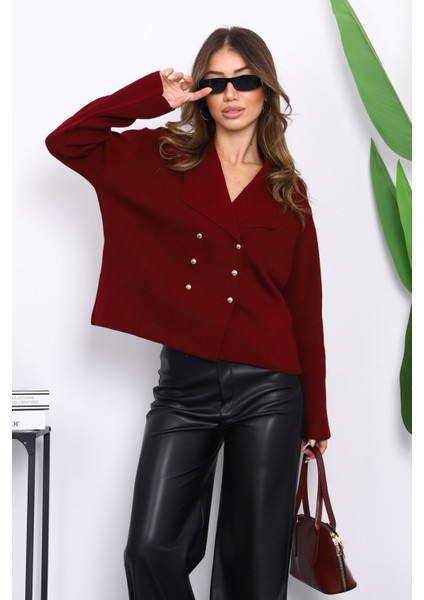 Bordo Kruvaze Yaka Düğmeli Triko Hırka