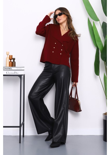 Bordo Kruvaze Yaka Düğmeli Triko Hırka fiyatları