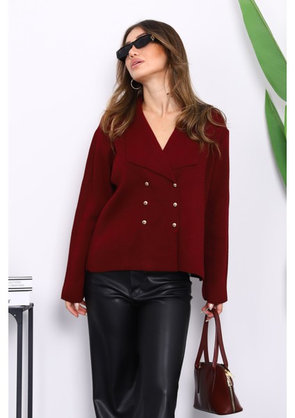Bordo Kruvaze Yaka Düğmeli Triko Hırka modelleri