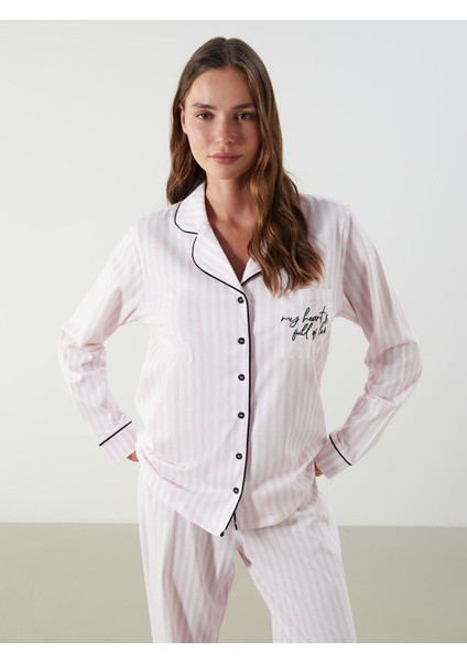 Yeni Sezon Gömlek Yaka Çizgili Kadın Pijama Takımı