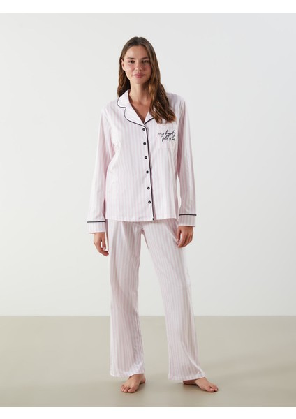 Yeni Sezon Gömlek Yaka Çizgili Kadın Pijama Takımı modelleri