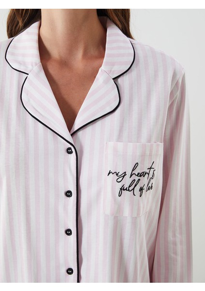 Yeni Sezon Gömlek Yaka Çizgili Kadın Pijama Takımı fırsatları