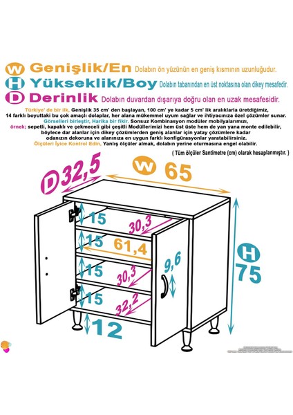Annus 2 Kapaklı 4 Göz Raf Dolap Kapak ve Raf Detaylı Çok Amaçlı Dolap 65x75x32,5 cm