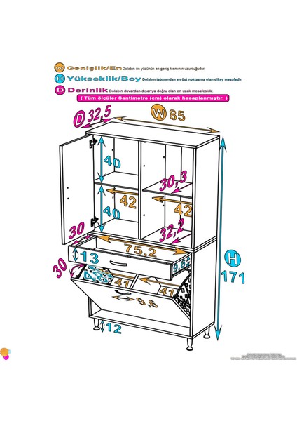 Yeni Kayra Tek Çekmece, 2 Göz Sepet, 2 Kapak, 4 Raf Dar Alan Banyo Dolabı 85X173X32,5 cm