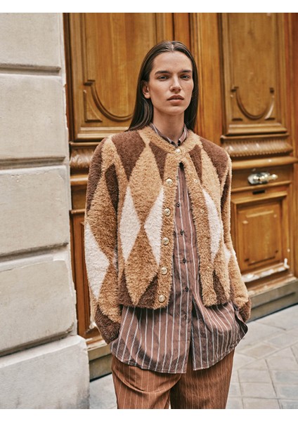 Yeni Sezon Bisiklet Yaka Renk Bloklu Kadın Triko Hırka