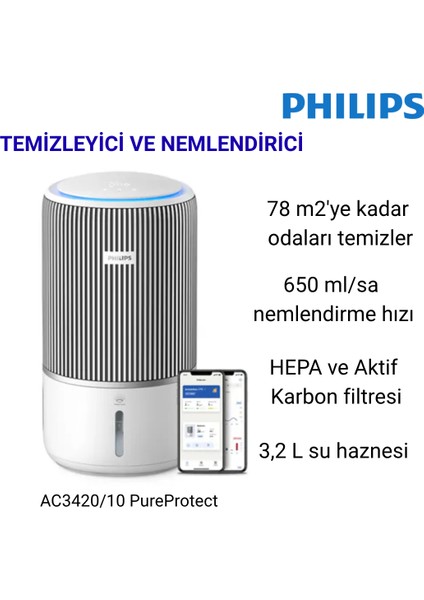 AC3420/10 Pureprotect Water 3400 Serisi Akıllı 2'si 1 Arada Hava Temizleyici ve Nemlendirici