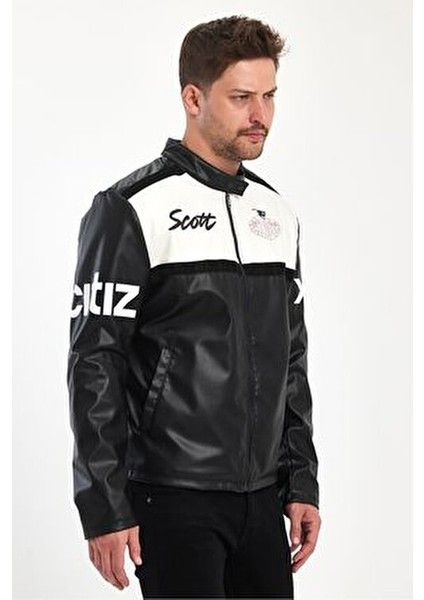 Erkek Oversize Transfer Baskılı Motorcu Biker Ceket Yarışçı Kolej Mont Şeritli Fermuarlı Mont modelleri