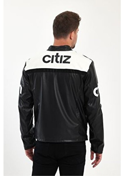 Erkek Oversize Transfer Baskılı Motorcu Biker Ceket Yarışçı Kolej Mont Şeritli Fermuarlı Mont