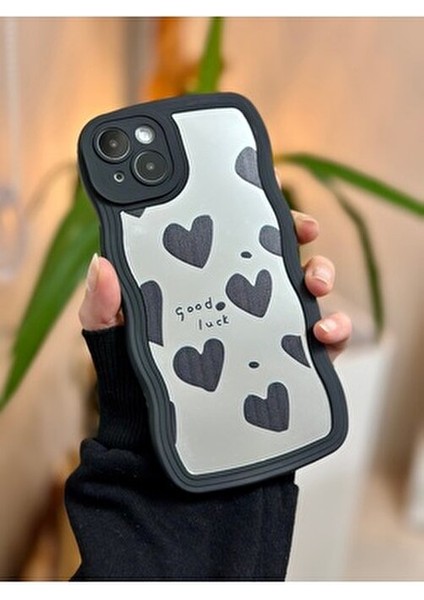 Iphone 14 Plus - 15 Plus Uyumlu Aynalı Siyah Kalp Tasarımlı Kenarları Silikon Kılıf fiyatları