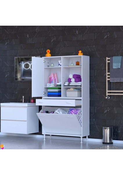 Kayra 90 cm Kirli Çamaşır Dolabı Tek Çekmece, 3 Göz Sepet, 1 Kapak, 6 Raflı Dolap 90x173x32,5 cm fiyatları