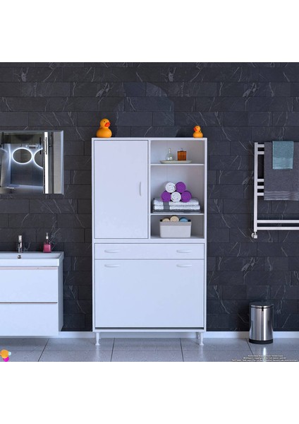 Kayra 90 cm Kirli Çamaşır Dolabı Tek Çekmece, 3 Göz Sepet, 1 Kapak, 6 Raflı Dolap 90x173x32,5 cm modelleri