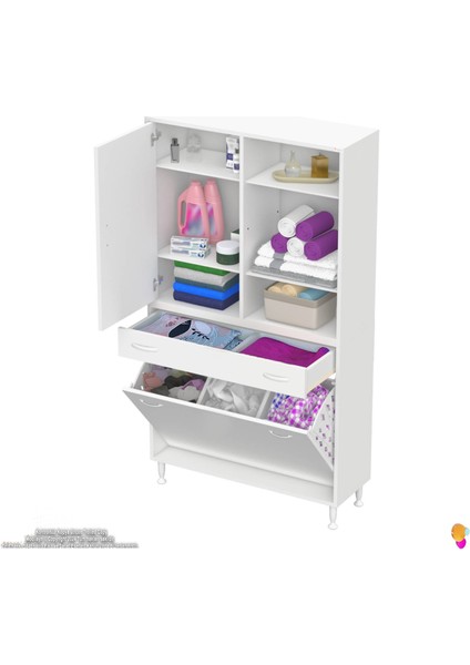 Kayra 90 cm Kirli Çamaşır Dolabı Tek Çekmece, 3 Göz Sepet, 1 Kapak, 6 Raflı Dolap 90x173x32,5 cm fırsatları