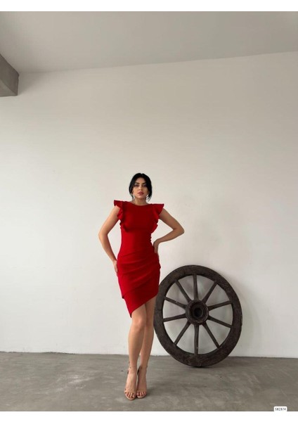 Fırfırlı Sırt Bağlamalı Krep Elbise 582074 Kirmizi