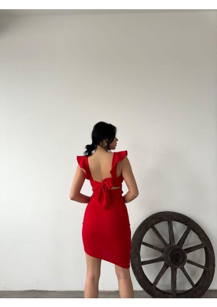 Fırfırlı Sırt Bağlamalı Krep Elbise 582074 Kirmizi fiyatları