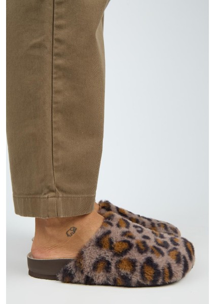Leda Kadın Peluş Düz Vizon Leopar Terlik
