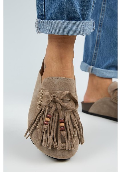 Malinda Kadın Hakiki Deri Püsküllü Boncuk Detaylı Sabo Vizon Terlik