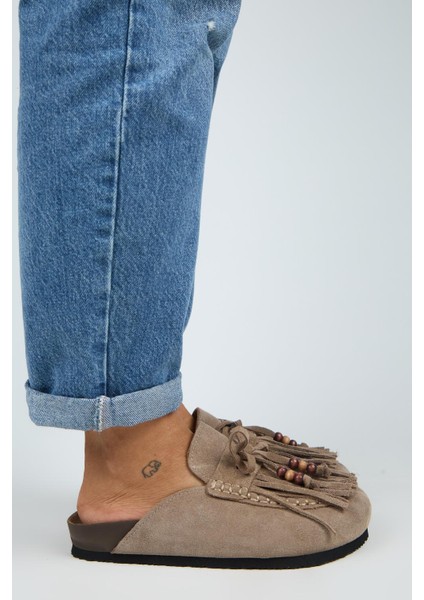 Malinda Kadın Hakiki Deri Püsküllü Boncuk Detaylı Sabo Vizon Terlik fiyatları