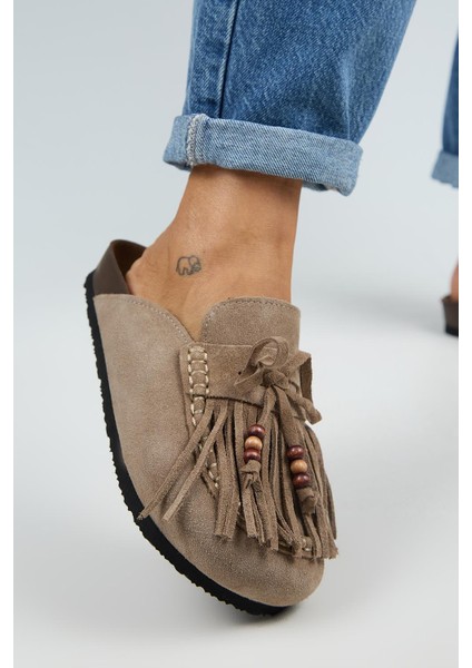 Malinda Kadın Hakiki Deri Püsküllü Boncuk Detaylı Sabo Vizon Terlik indirimleri