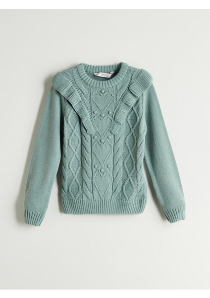 Yeni Sezon Bisiklet Yaka Fırfır Detaylı Kız Çocuk Triko Kazak