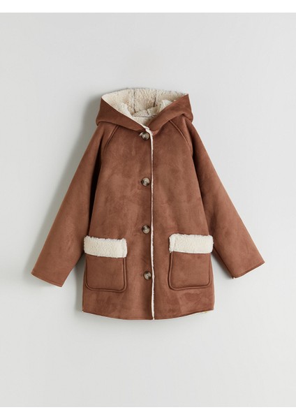 Yeni Sezon Kapüşonlu Süet Görünümlü Kız Çocuk Kaban