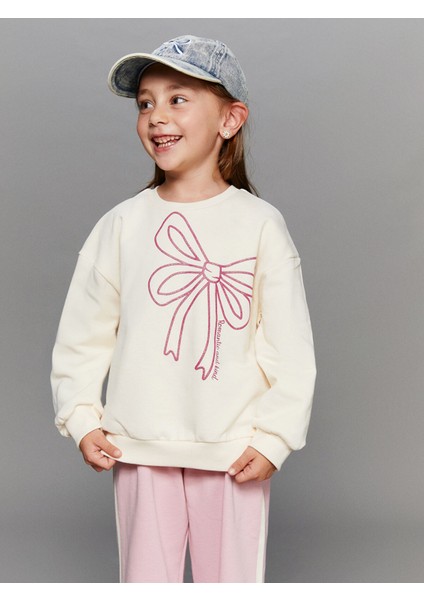 Yeni Sezon Bisiklet Yaka Fiyonk Baskılı Kız Çocuk Sweatshirt 2'li fiyatları