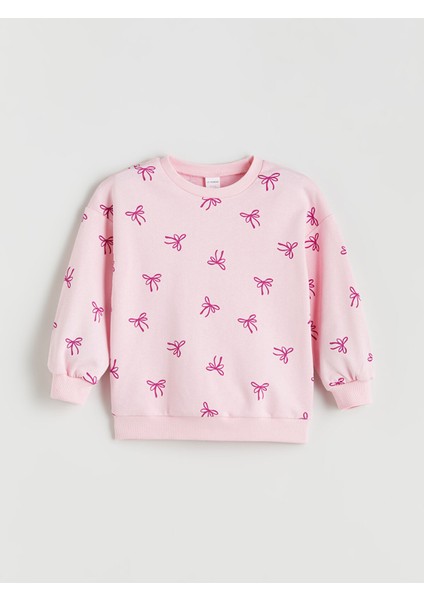 Yeni Sezon Bisiklet Yaka Fiyonk Baskılı Kız Çocuk Sweatshirt 2'li modelleri