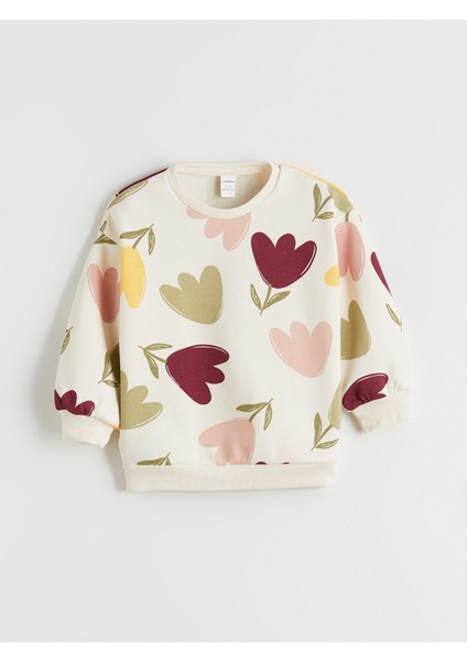 Yeni Sezon Bisiklet Yaka Çiçekli Kız Çocuk Sweatshirt