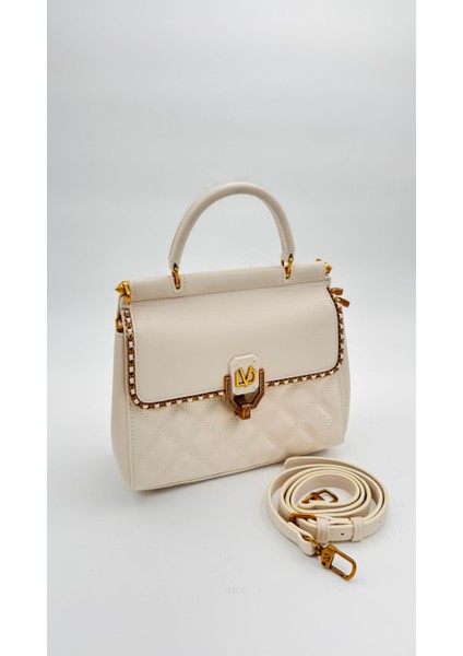 Krem Ayarlanabilir Askılı Çift Taraflı Kapitone Omuz Çantası Orijinal Levidor Premium