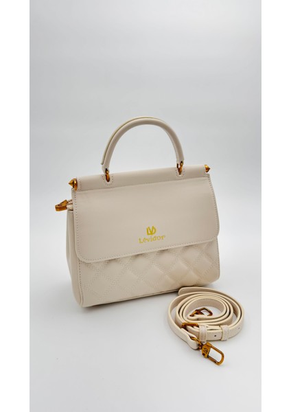 Krem Ayarlanabilir Askılı Çift Taraflı Kapitone Omuz Çantası Orijinal Levidor Premium modelleri