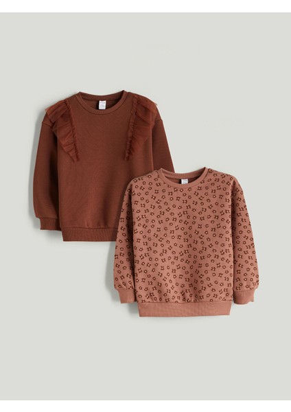 Yeni Sezon Bisiklet Yaka Çiçekli Kız Çocuk Sweatshirt 2'li