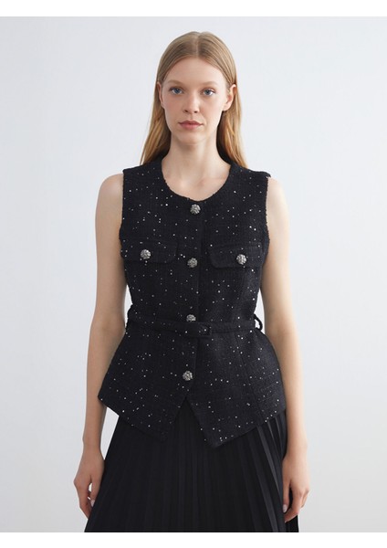 Yeni Sezon Bisiklet Yaka Taşlı Kadın Yelek