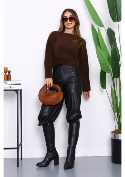 Kahverengi Bisiklet Yaka Angora Yumoş Crop Triko Kazak fiyatları