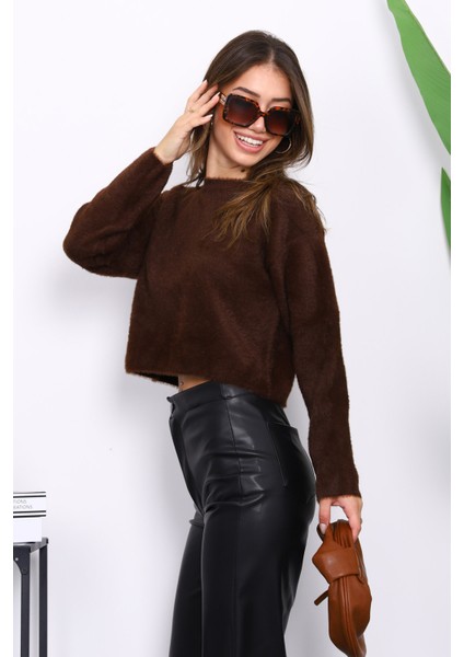 Kahverengi Bisiklet Yaka Angora Yumoş Crop Triko Kazak modelleri