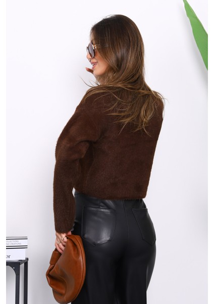 Kahverengi Bisiklet Yaka Angora Yumoş Crop Triko Kazak fırsatları