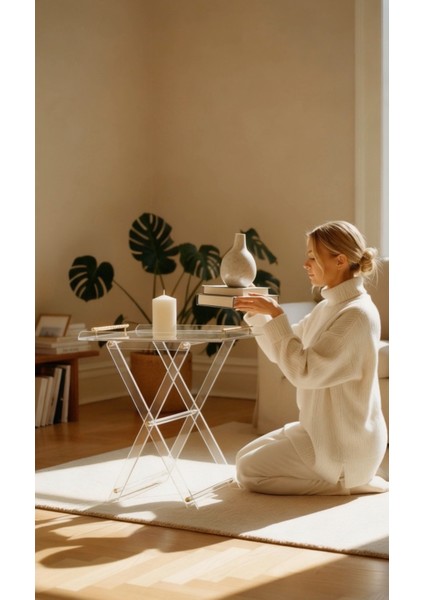 Çok Amaçlı Ikram Servis Sehpası 60X45 cm | Pirinç Detaylı Katlanabilir Şeffaf Lüks Yan Sehpa